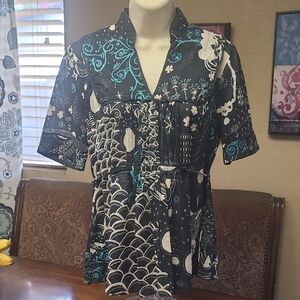 Black and Teal Patterned Blouse Kimono Style Size Med